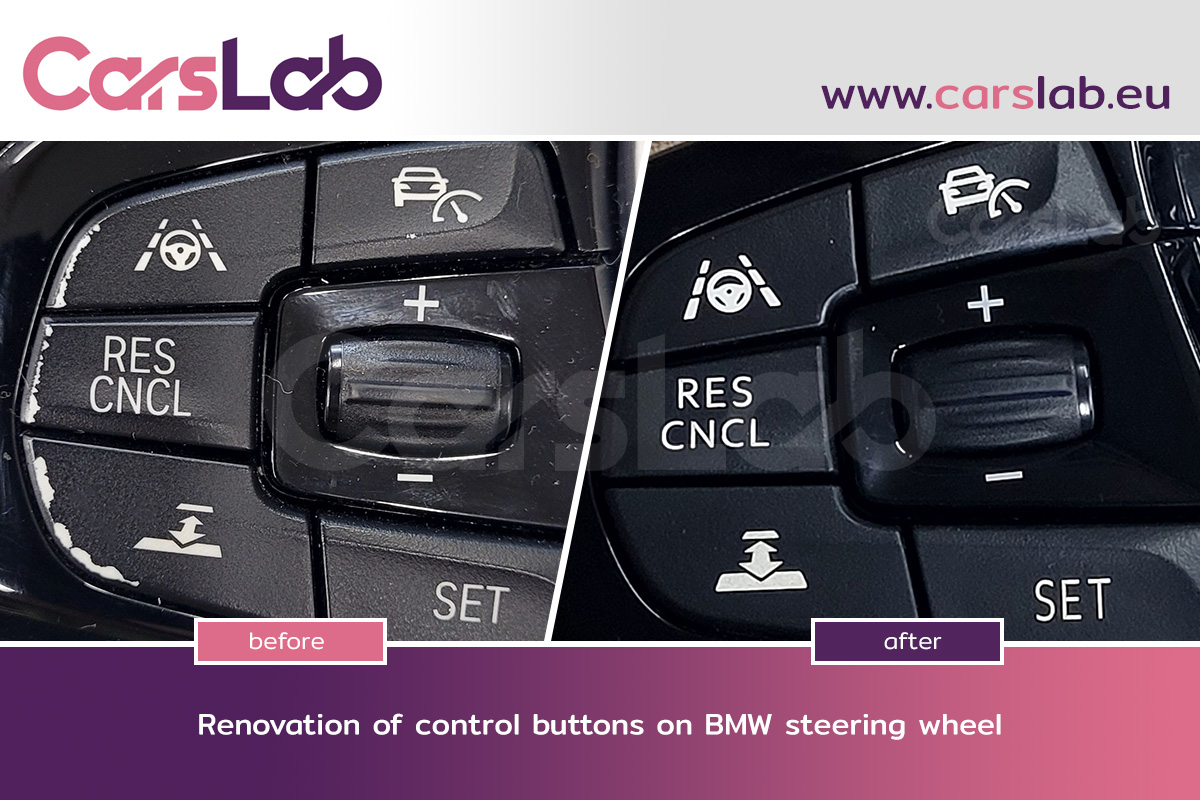 Laser restoration of control buttons on BMW steering wheel – after refurbishment
