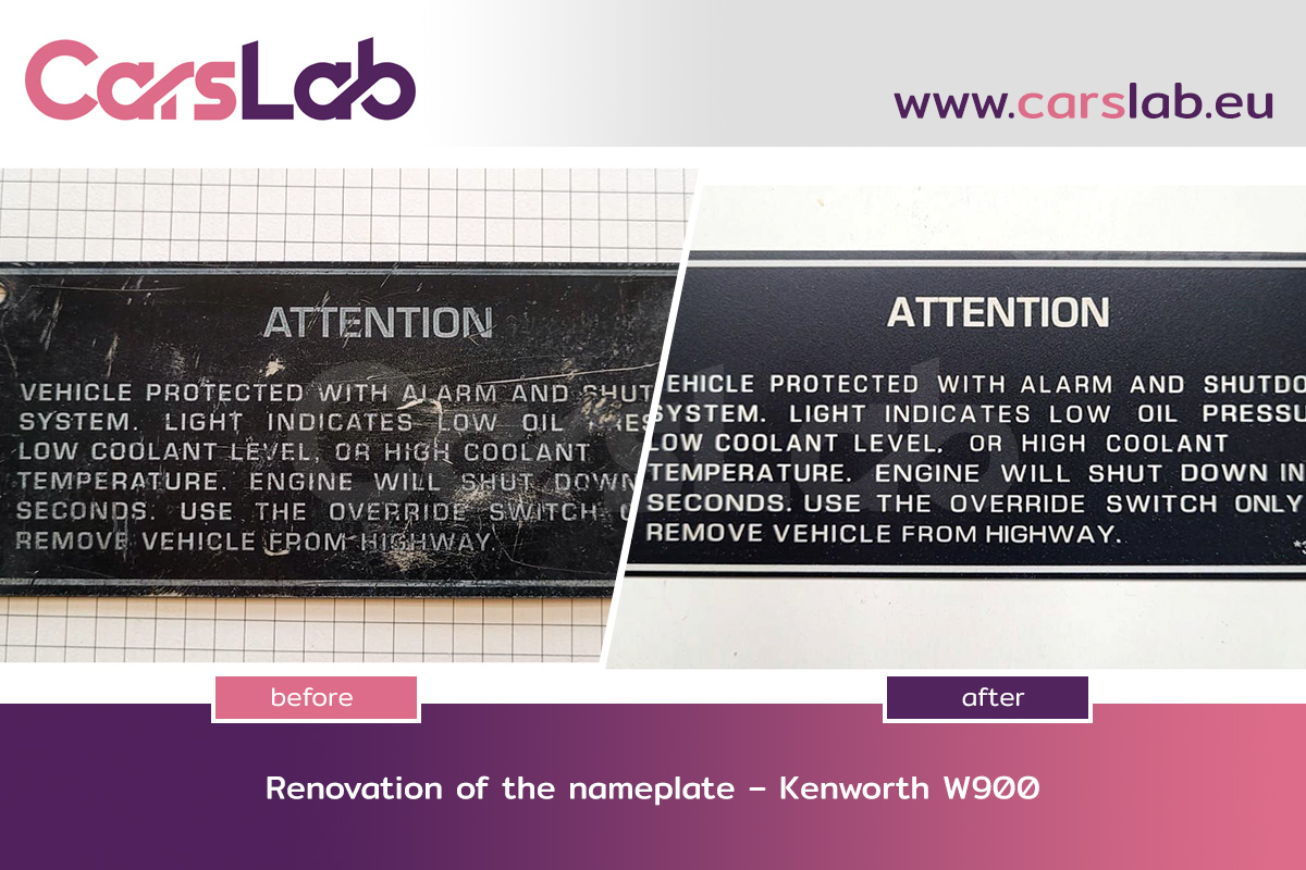 Laser restored nameplate in Kenworth W900 after professional refurbishment