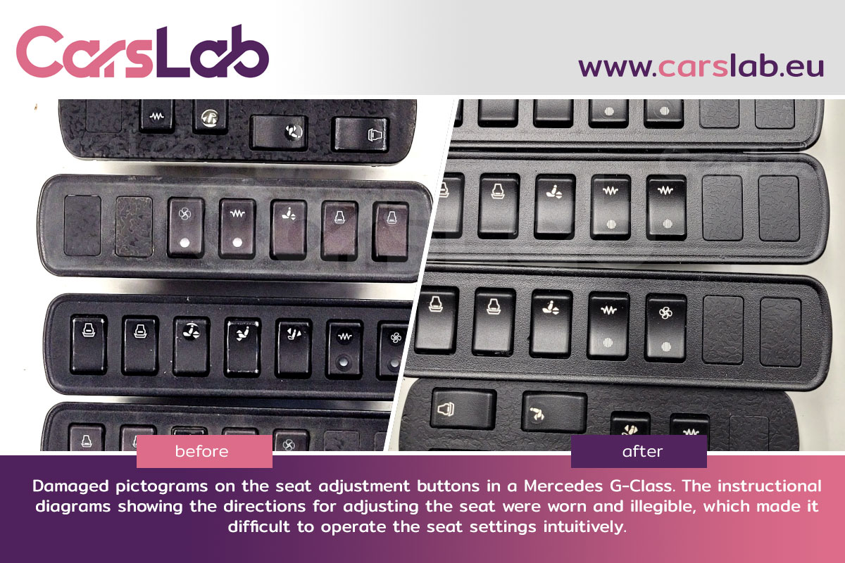 Damaged pictograms on the seat adjustment buttons in a Mercedes G-Class.