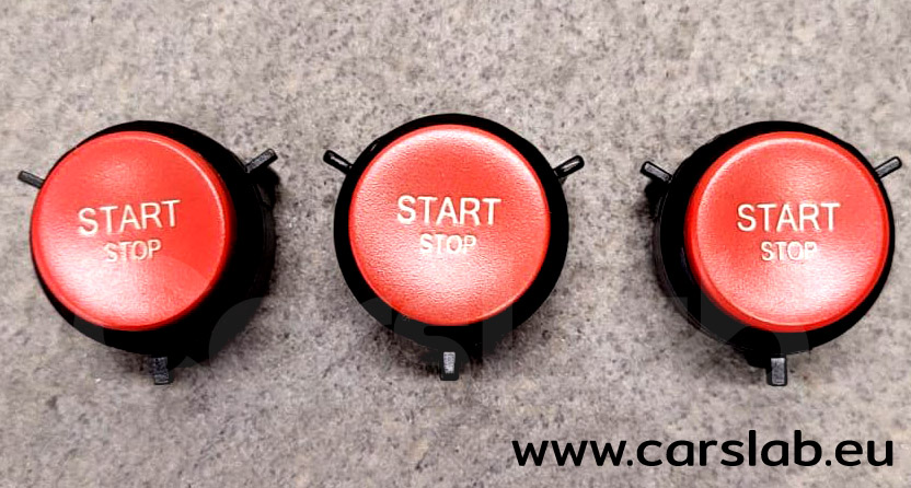 The START/STOP button after refurbishment and a colour change. Red is a challenge for the laser, but the result is sharp and long-lasting.